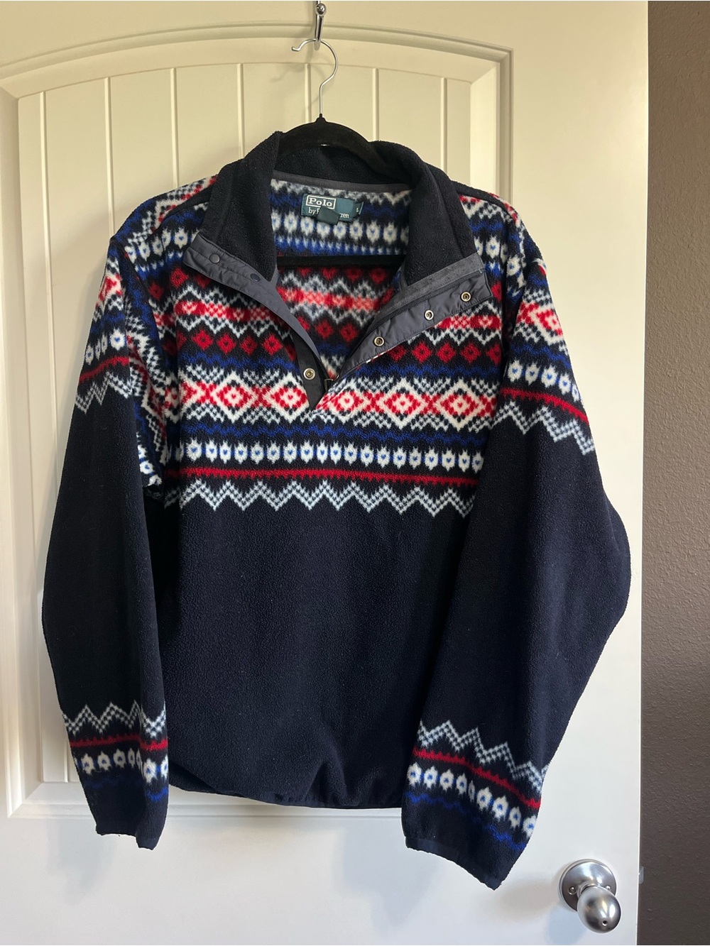 Polo Ralph Lauren Fair Isle Geometric Print Fleece Pullover Vintage 90s Sz Large